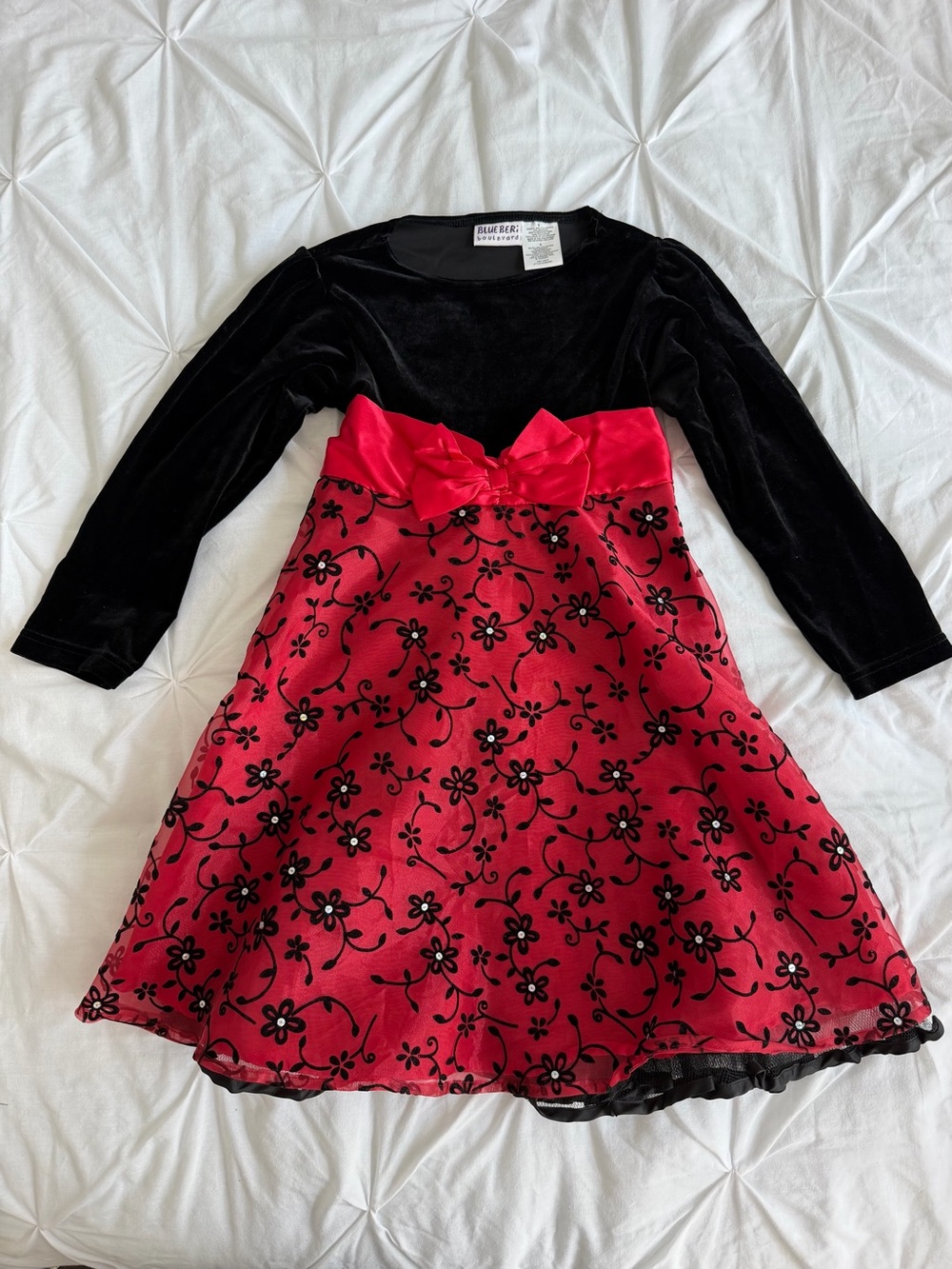 Blueberi Boulevard Black Velvet & Red Floral Bow Party Dress